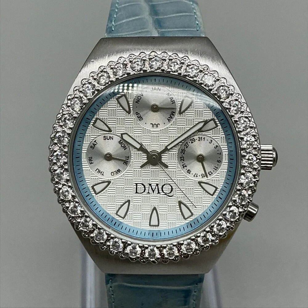 DMQ QVC Womens Watch 32mm Blue Silver Tone Crystal Day Date Leather New Battery